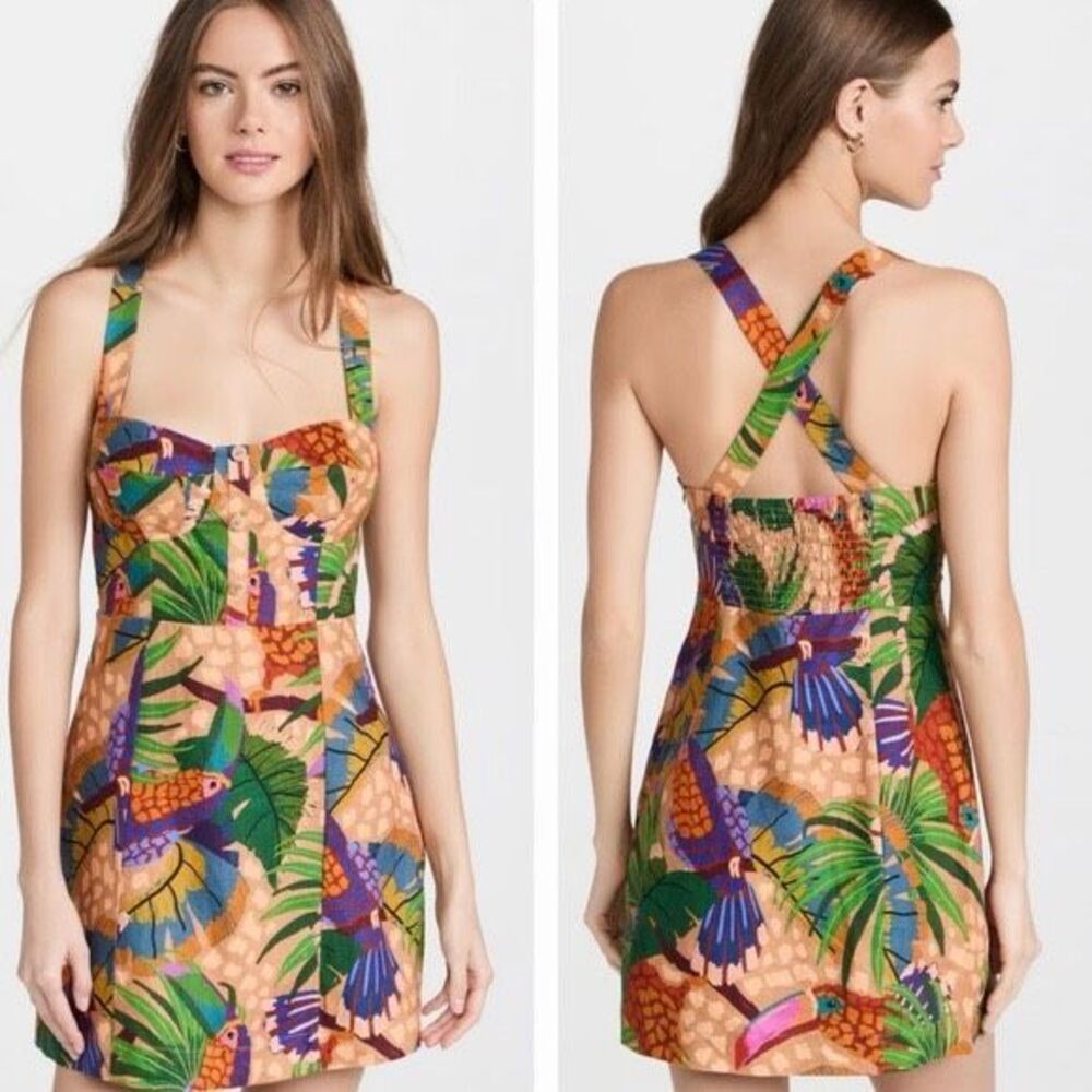 Farm Rio Sand Painted Toucans Linen Mini Dress Small